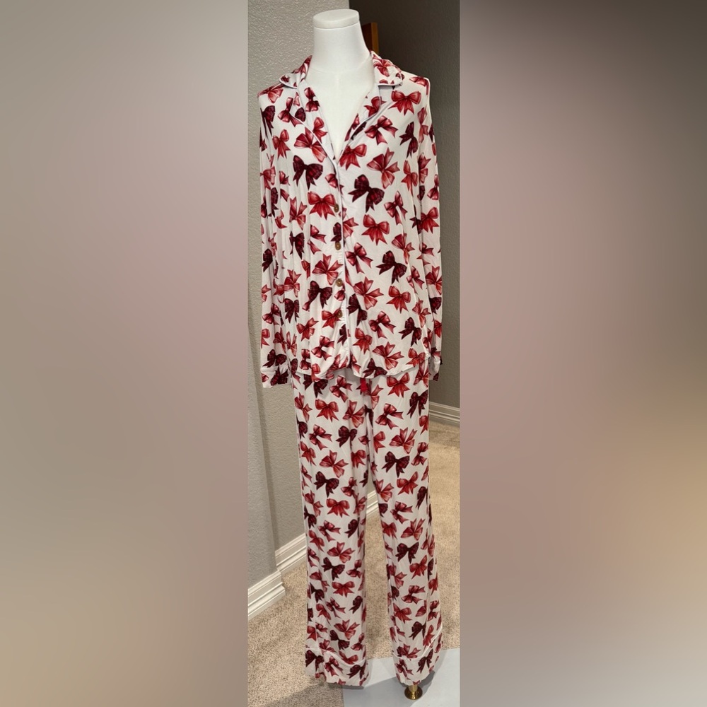 NWT Posh Peanut Holiday Christmas Red Bow Women’s Luxe Pajama Pant Set w/ Pocket - Picture 2 of 16